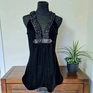 Max Studio  Velvet Top Black Size Small Satin Ruffle Formal Sleeveless Women's